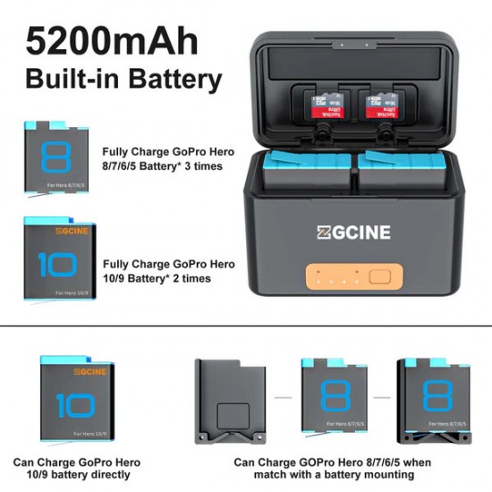 ZGCINE Charging case for GoPro + 2 Batteries 901 for hero 11/10/9/8/7/6/5