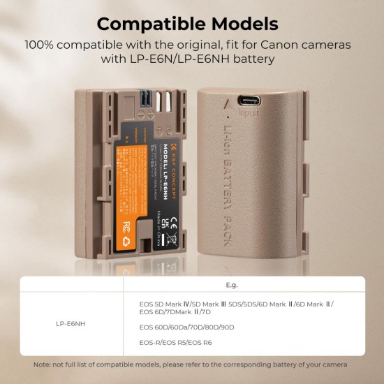 K&F Concept LP-E6NH Battery 2250mAh with USB Type C Charging Port