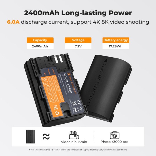 K&F Concept LP-E6P (2400mAh) Dual Pack- 2 Batteries and Dual Slot USB Charger K&F Concept LP-E6P (2400mAh) Dual Pack- 2 Batteries and Dual Slot USB Charger